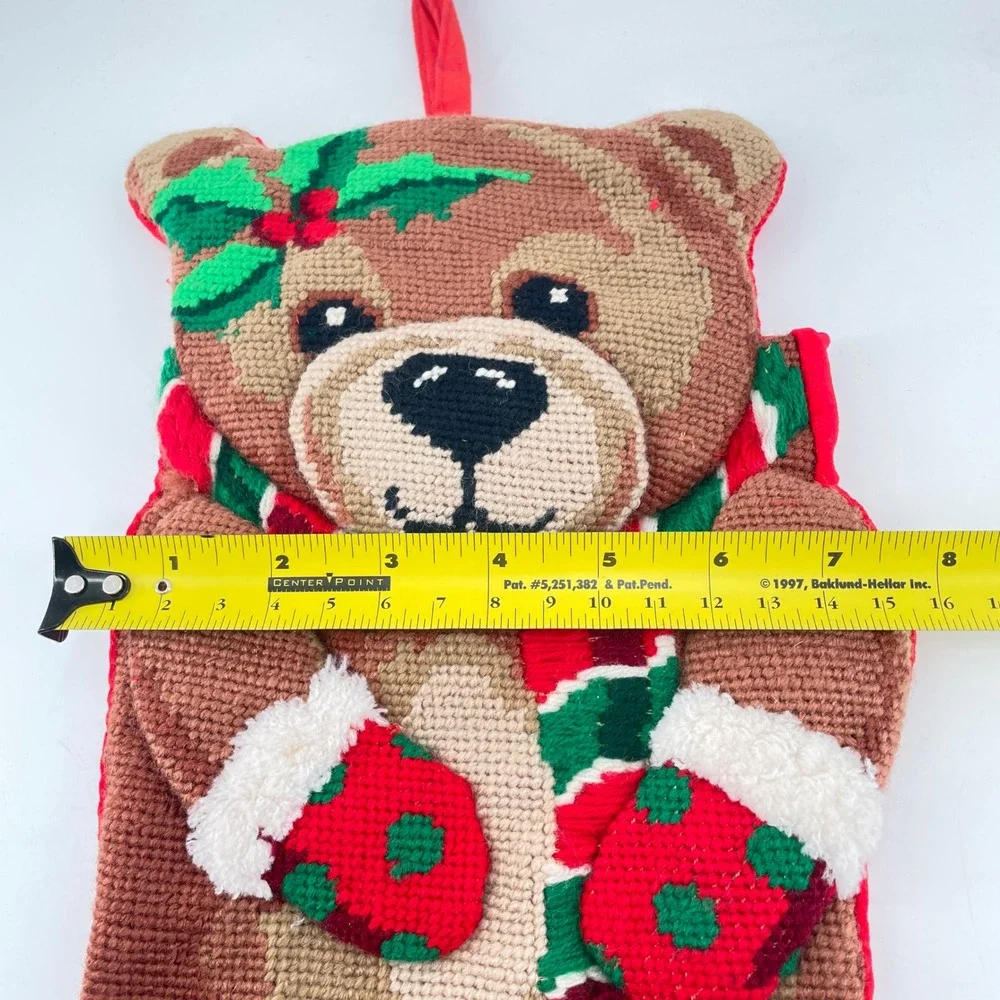 Needlepoint Childs Christmas Stocking Teddy Bear Puffy Red Velvet Tassel 18 Inch